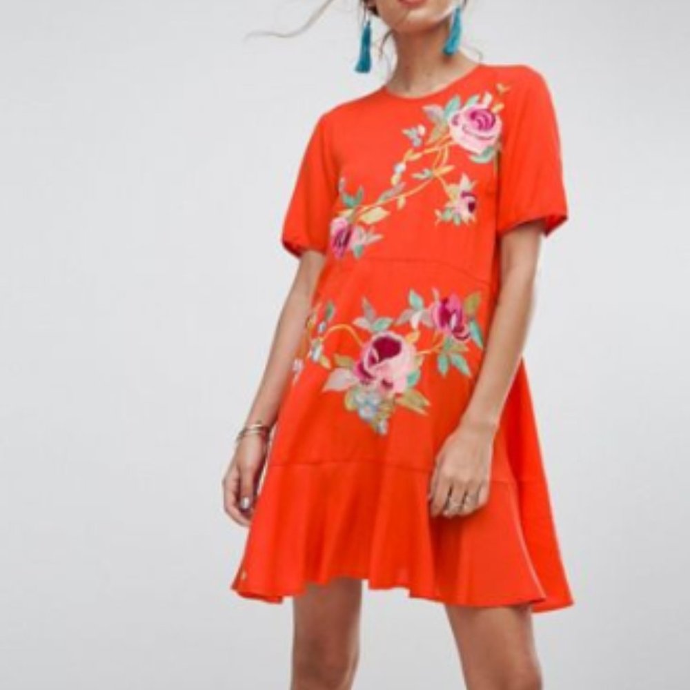 ASOS Embroidered Orange Drop Waist Dress